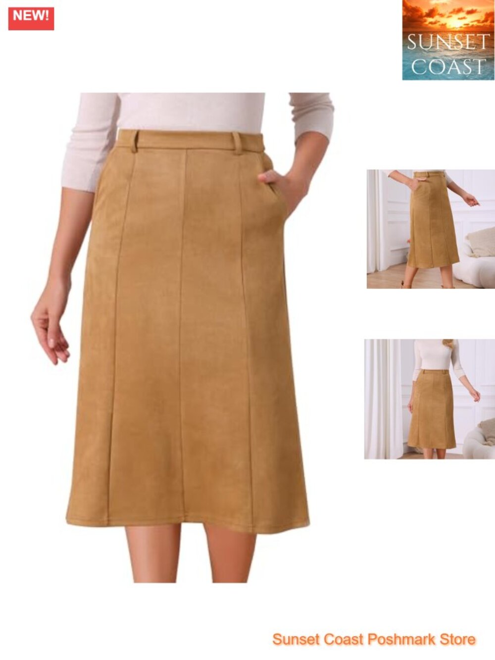 Faux Suede High Waist A-Line Midi Skirt with Pockets